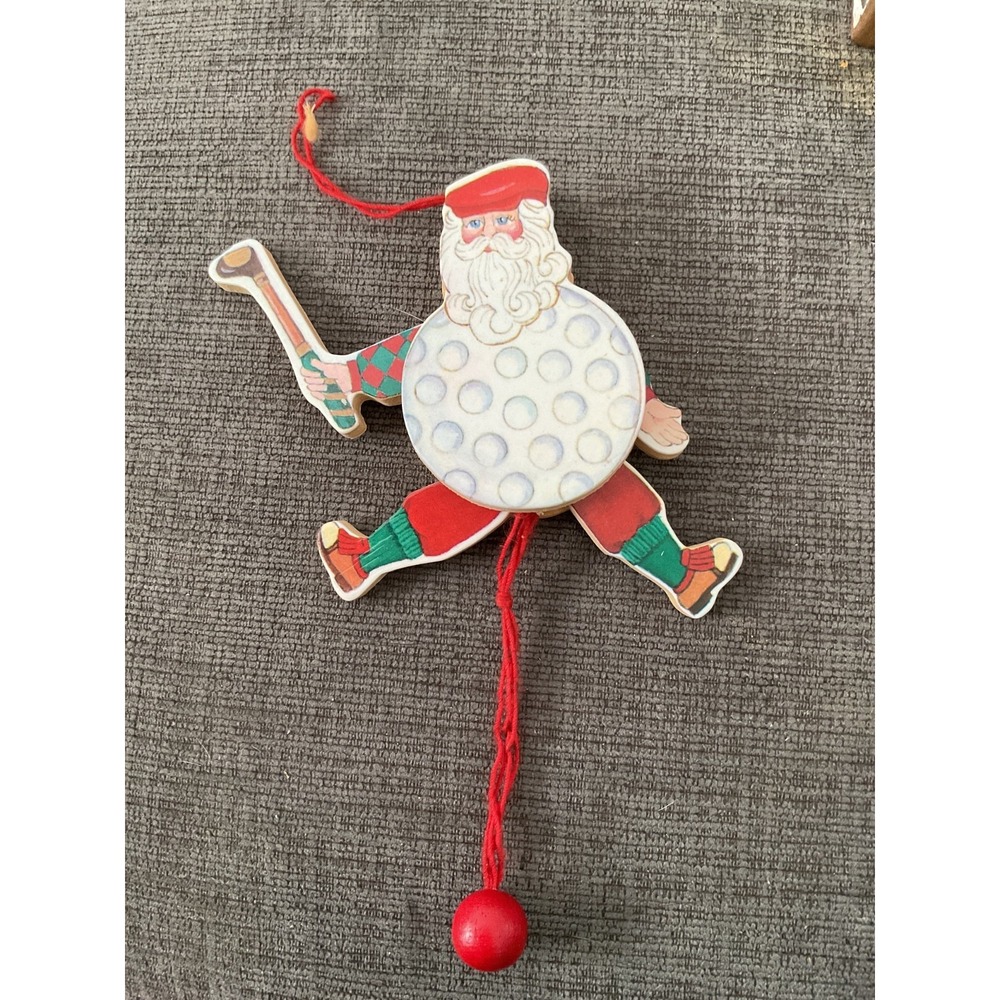 Kurt Adler Pull String Santa Playing Golf Puppet Wood Ornament Vintage